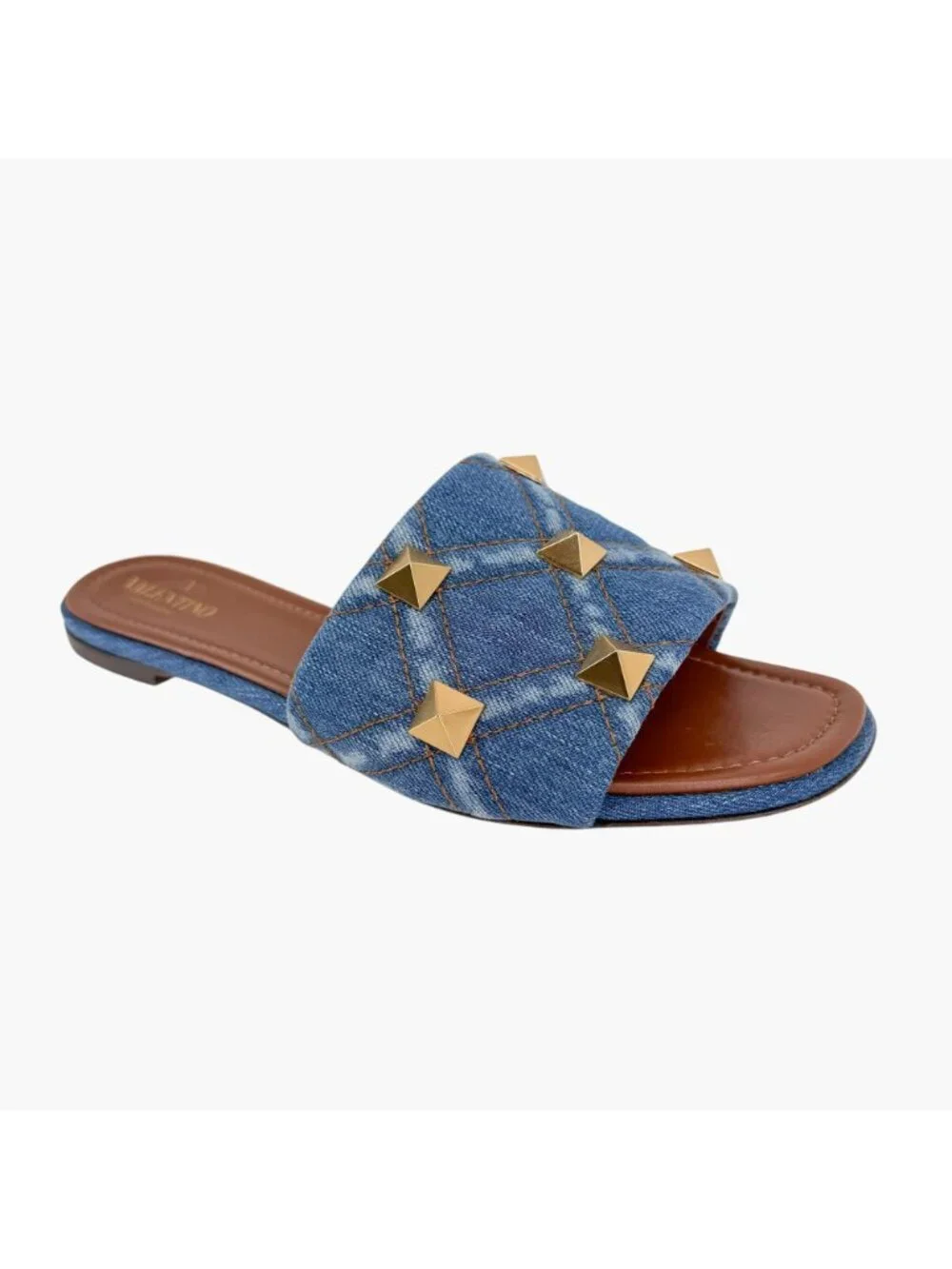 Valentino Roman Stud Denim Quilted Slide Sandals Size 41 US 11 Women’s Blue Flat